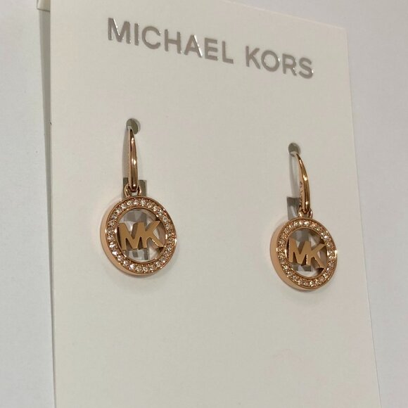 MICHAEL KORS Rose Gold Tone Logo Drop Dangle Pave Crystal Earrings - Picture 2 of 7
